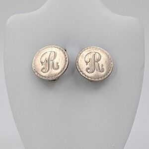 Bergere Vintage Silver Tone Monogram R Etched Round‎ Button Clip On Earrings